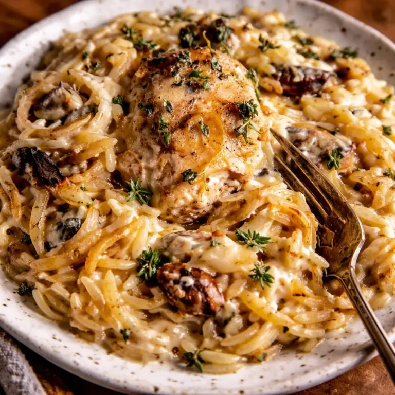 Creamy French onion chicken orzo casserole with caramelized onions and gruyere cheese.