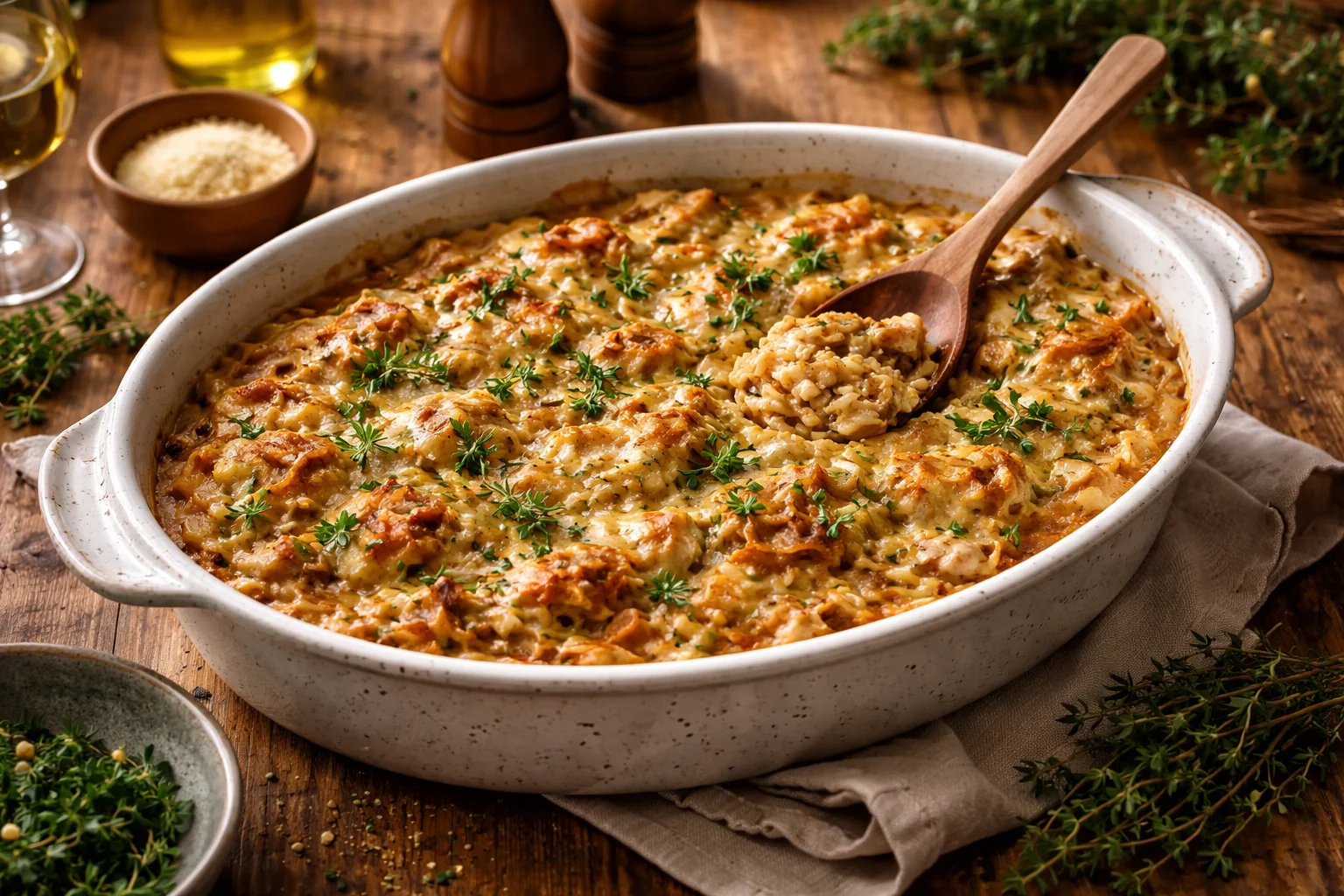 Cozy Creamy French Onion Chicken Orzo Casserole Delight