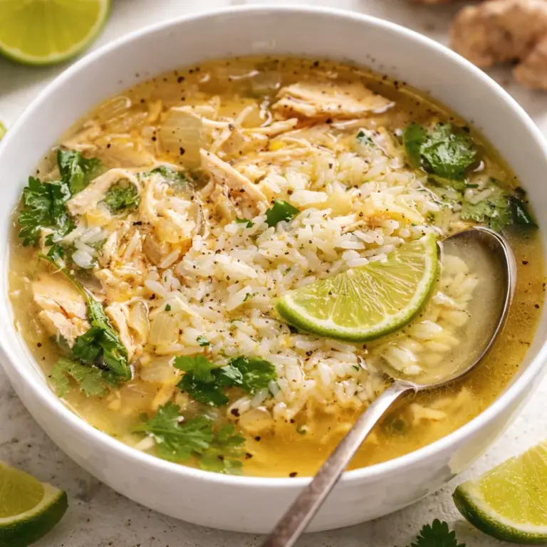 Bowl of Mexican Lime Chicken Rice Soup with fresh cilantro and lime