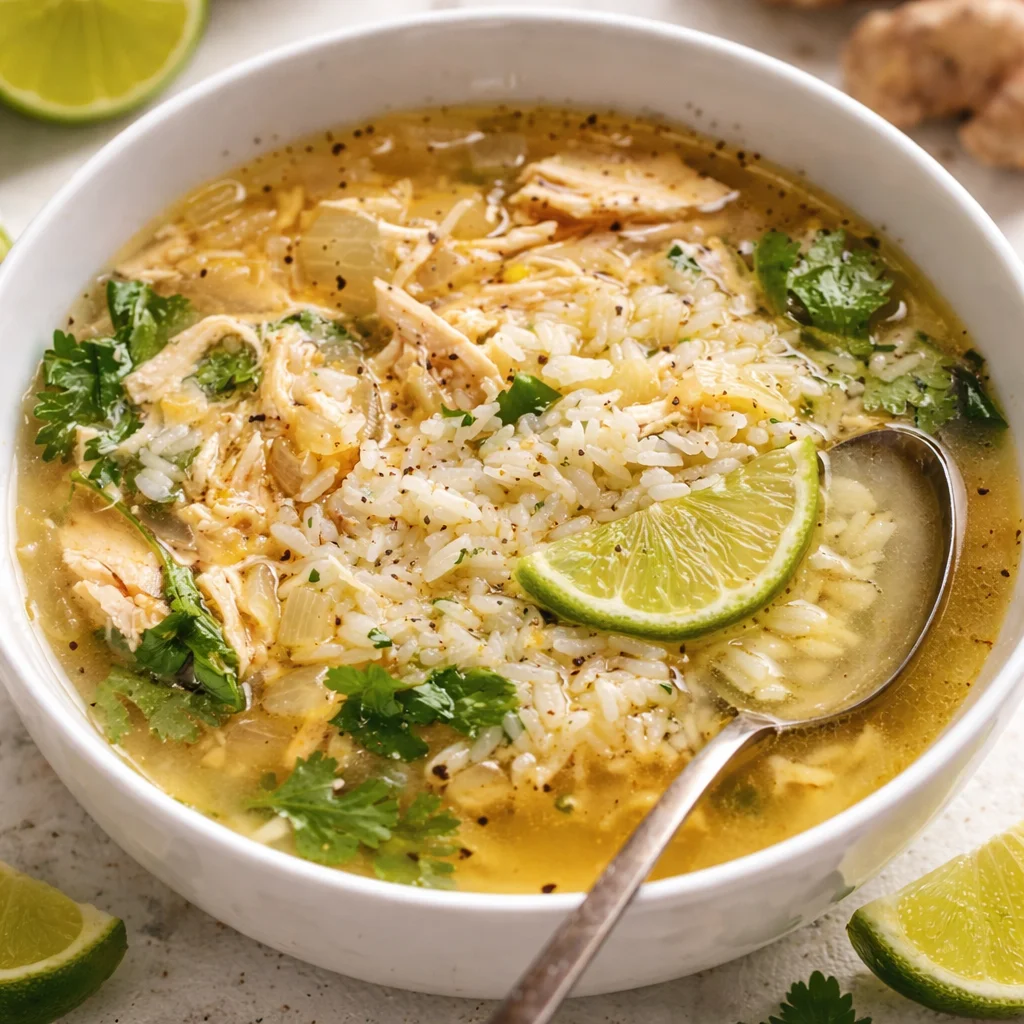 Bowl of Mexican Lime Chicken Rice Soup with fresh cilantro and lime