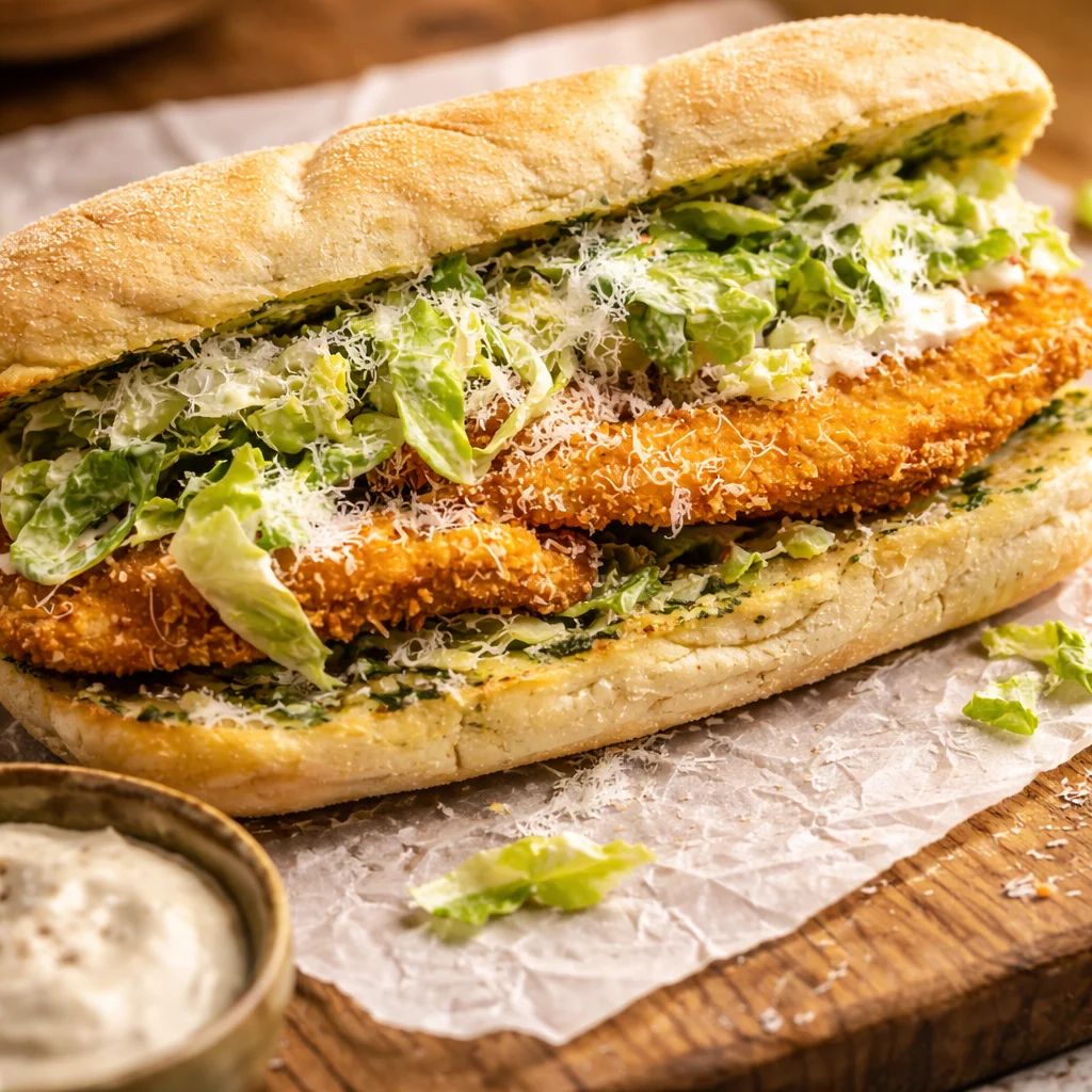 Delicious garlic butter chicken caesar sandwich on toasted bread topped with Parmesan.