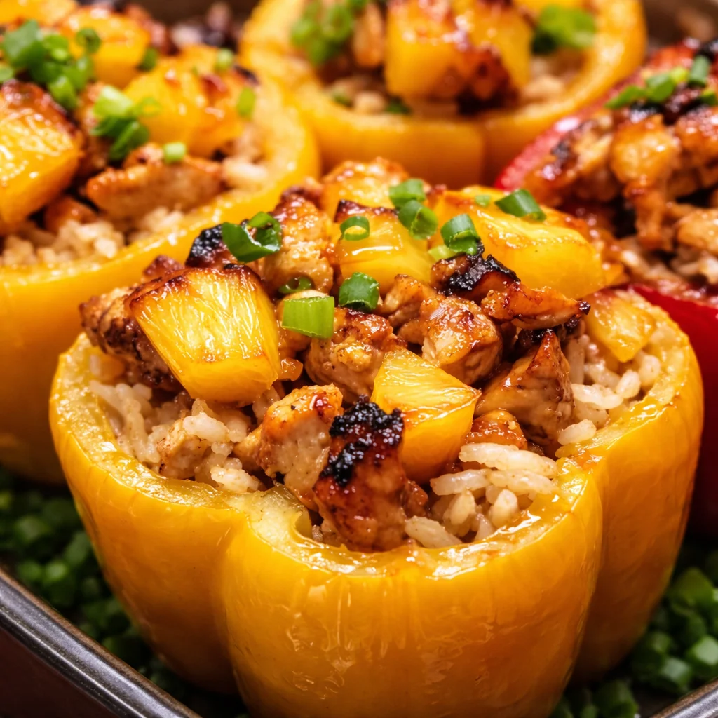 Delicious Teriyaki Pineapple Chicken and Rice Stuffed Peppers baked to perfection