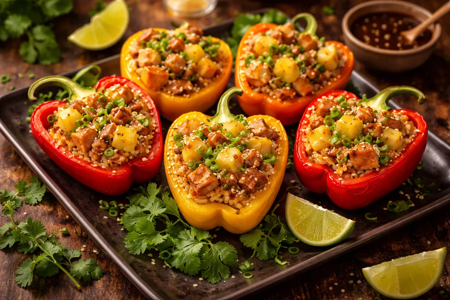 teriyaki pineapple chicken and rice stuffed peppers