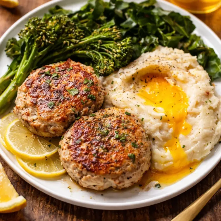 Delicious Rosemary Lemon Chicken Patties served with Parmesan Cauliflower Mash.