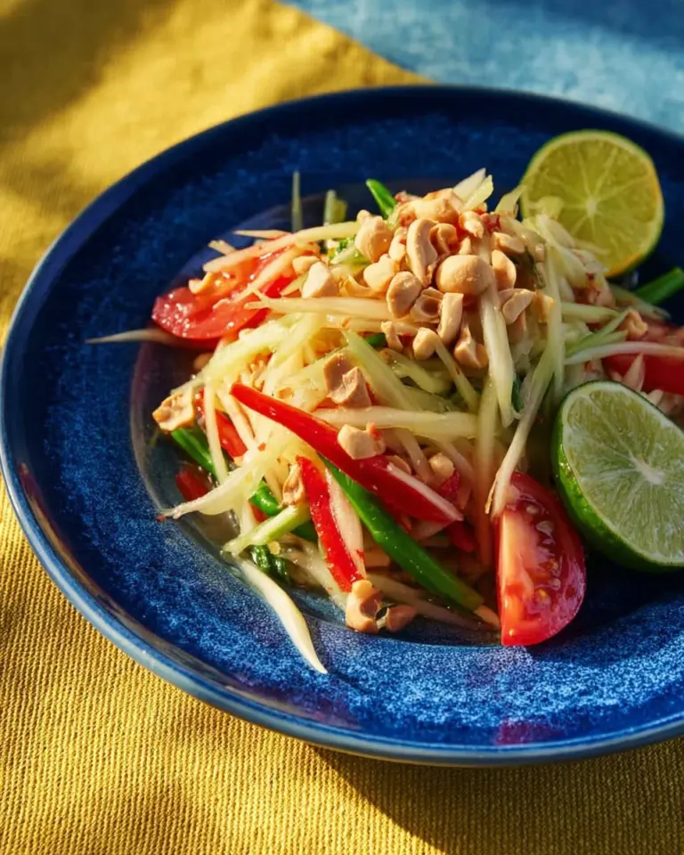 Authentic Thai Papaya Salad (Som Tum Thai) served with fresh ingredients