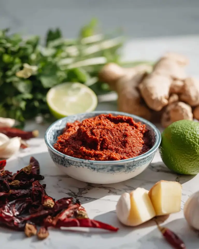 Homemade Thai red curry paste ingredients and preparation process.