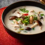 Bowl of authentic Tom Kha Gai, a delicious Thai coconut chicken soup garnished with herbs