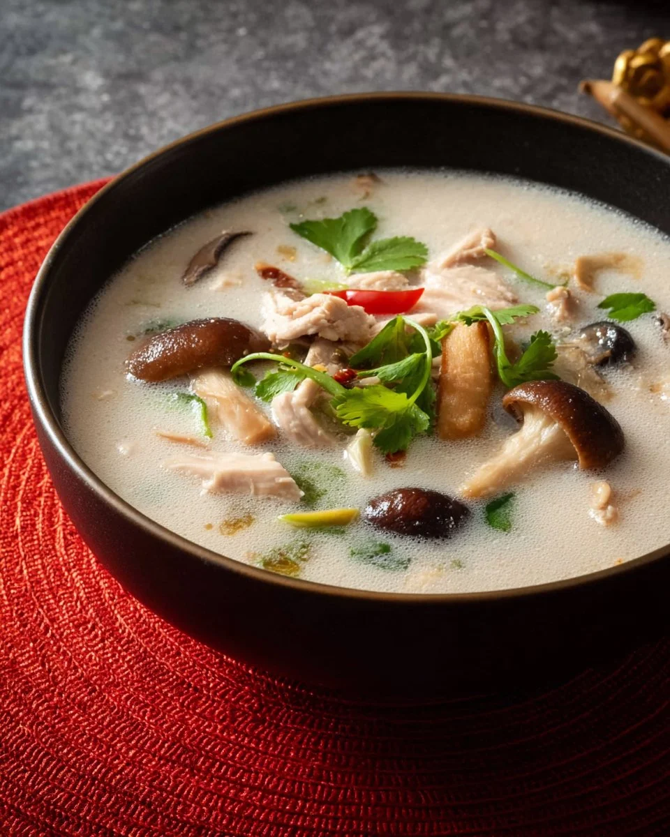 Bowl of authentic Tom Kha Gai, a delicious Thai coconut chicken soup garnished with herbs