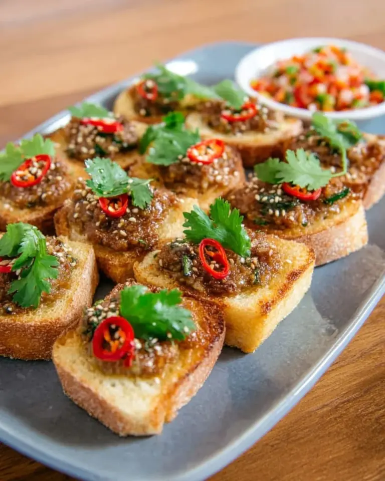 Delicious Baked Thai Pork Toast Kanom Pung Na Moo garnished beautifully