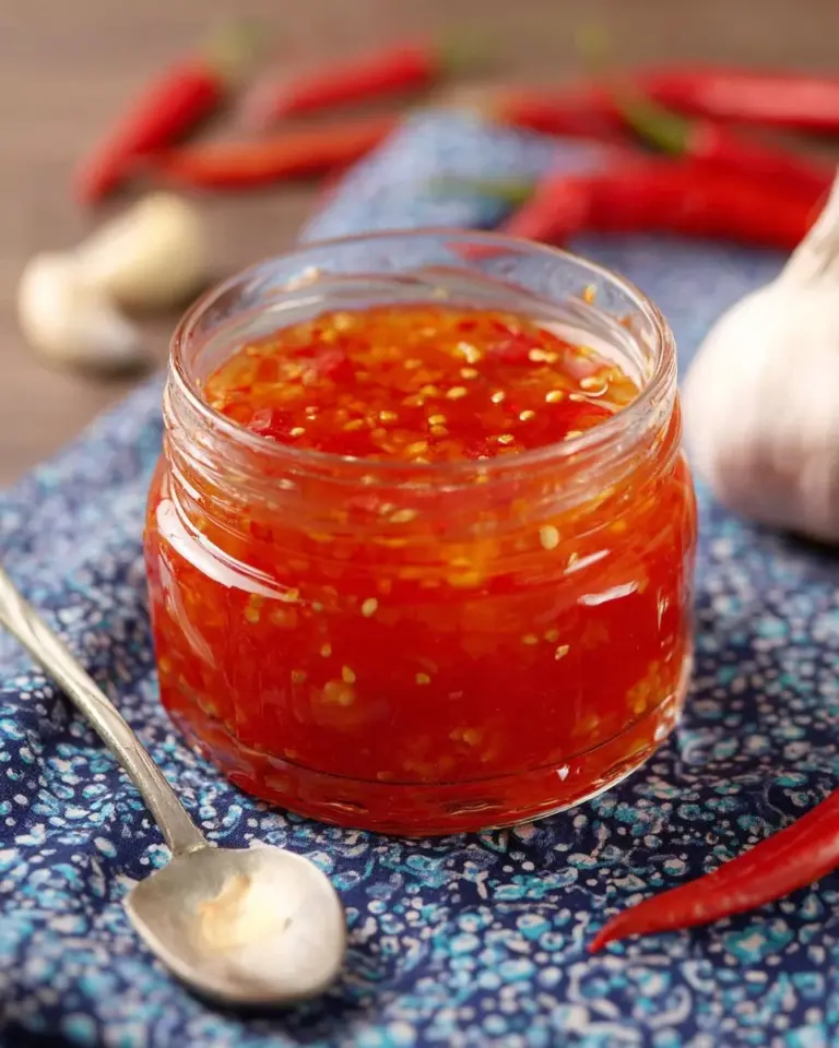 Homemade Chili Garlic Sauce in a glass jar with chili peppers and garlic