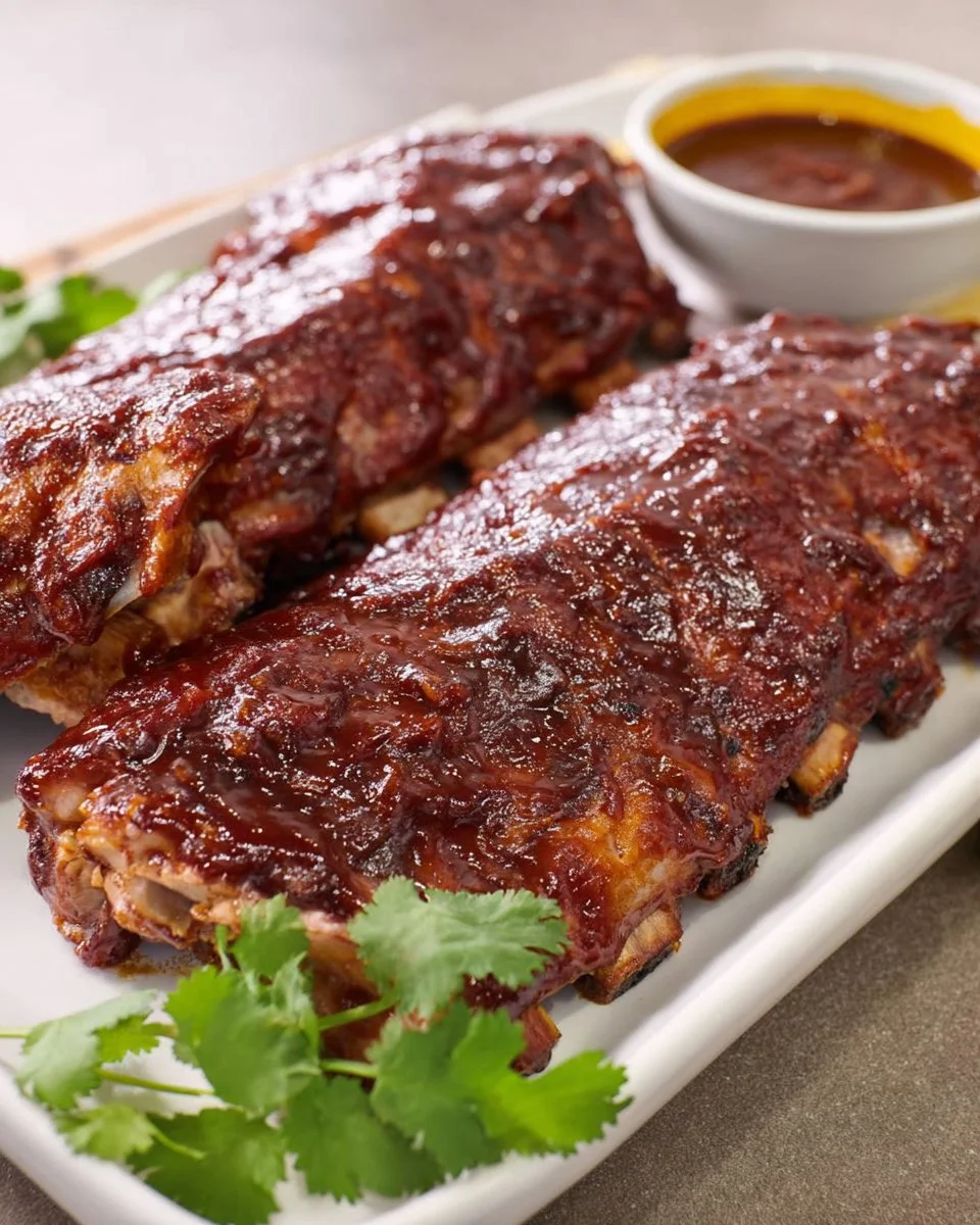 Delicious easy oven ribs served with homemade BBQ sauce.