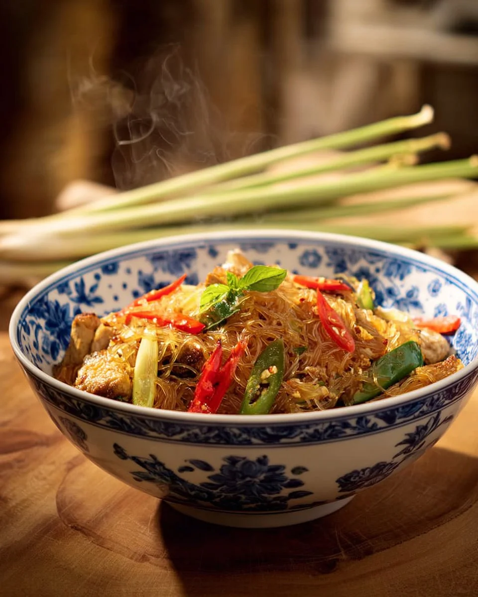Leftover curry glass noodle stir fry served in a bowl with fresh herbs