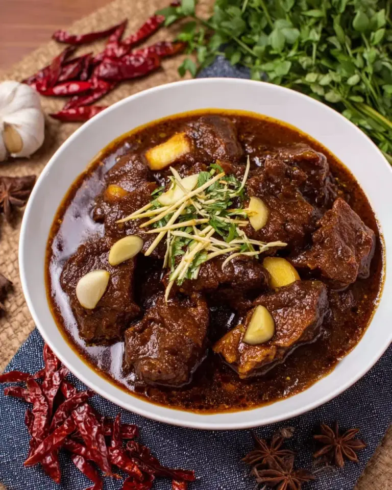 Bowl of Northern Thai Braised Pork Curry with aromatic herbs and spices