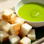 Pandan Coconut Custard Fondue served in a stylish pot with fresh fruits for dipping.