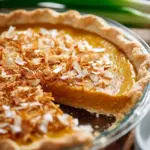 Slice of Thai Coconut Pumpkin Pie topped with coconut flakes and spices