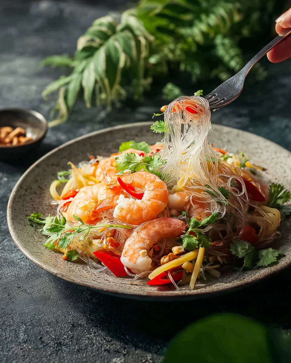 Colorful Thai Glass Noodle Salad with vegetables and spices on a plate