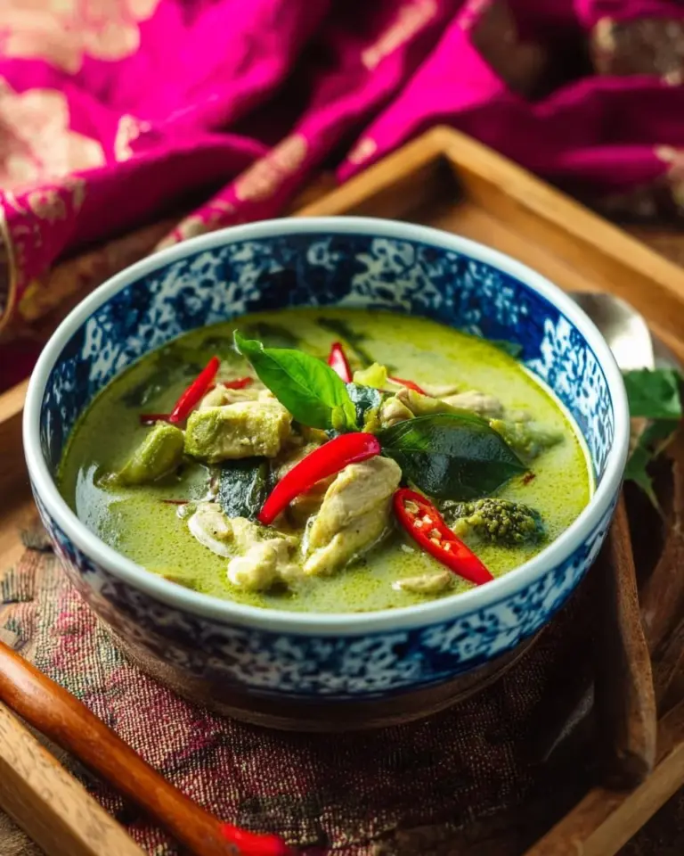 A bowl of Thai green curry chicken with fresh vegetables and herbs