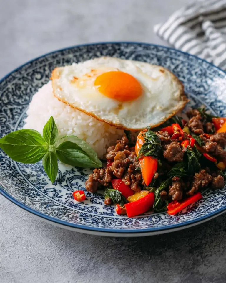 Delicious Thai Holy Basil Stir Fry with Beef garnished with fresh basil leaves