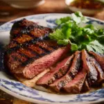 Thai marinated grilled steak (Crying Tiger) served with dipping sauce and herbs