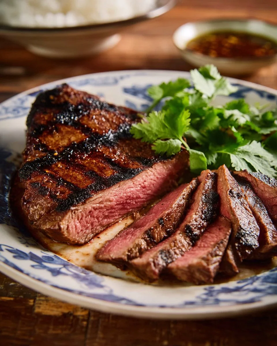 Thai marinated grilled steak (Crying Tiger) served with dipping sauce and herbs