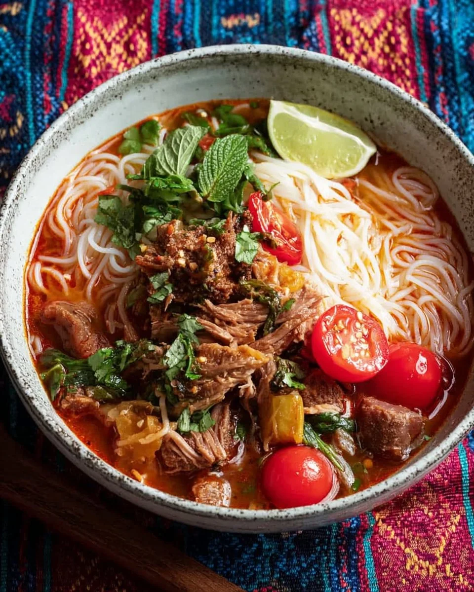 Bowl of Kanom Jeen Nam Ngiew - Thai pork and tomato rice noodles served with herbs.