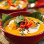 A vibrant bowl of Thai steamed red curry (haw mok) garnished with herbs and chili.