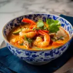 Bowl of Thai Tom Yum Soup with Shrimp garnished with herbs