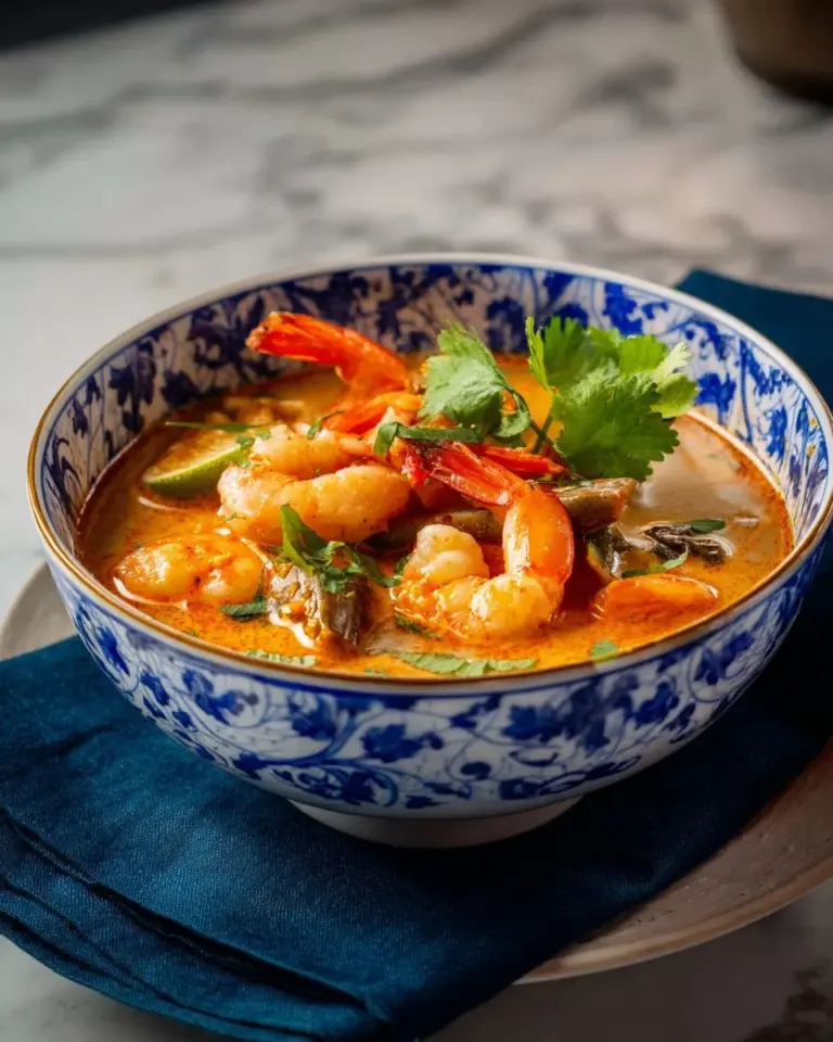 Bowl of Thai Tom Yum Soup with Shrimp garnished with herbs