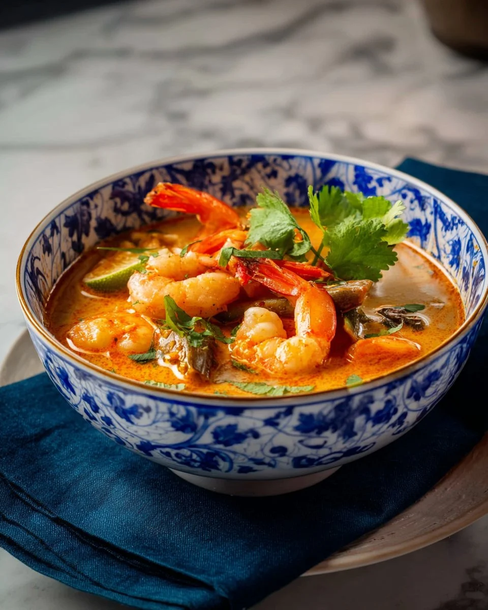 Bowl of Thai Tom Yum Soup with Shrimp garnished with herbs
