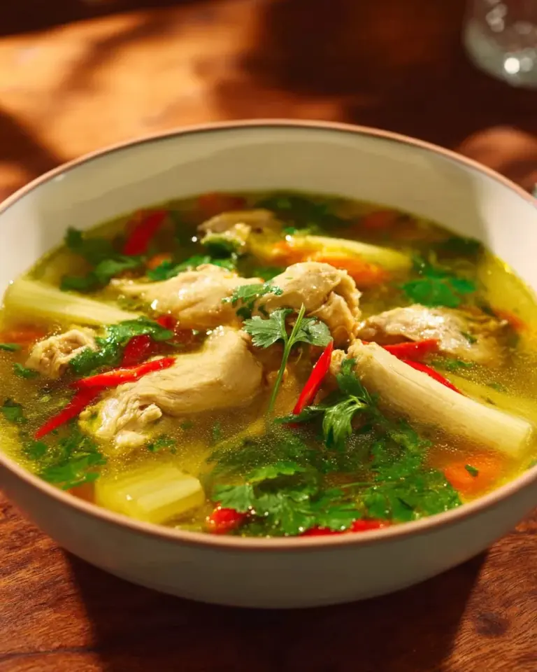Bowl of Thai turmeric chicken soup garnished with fresh herbs and spices