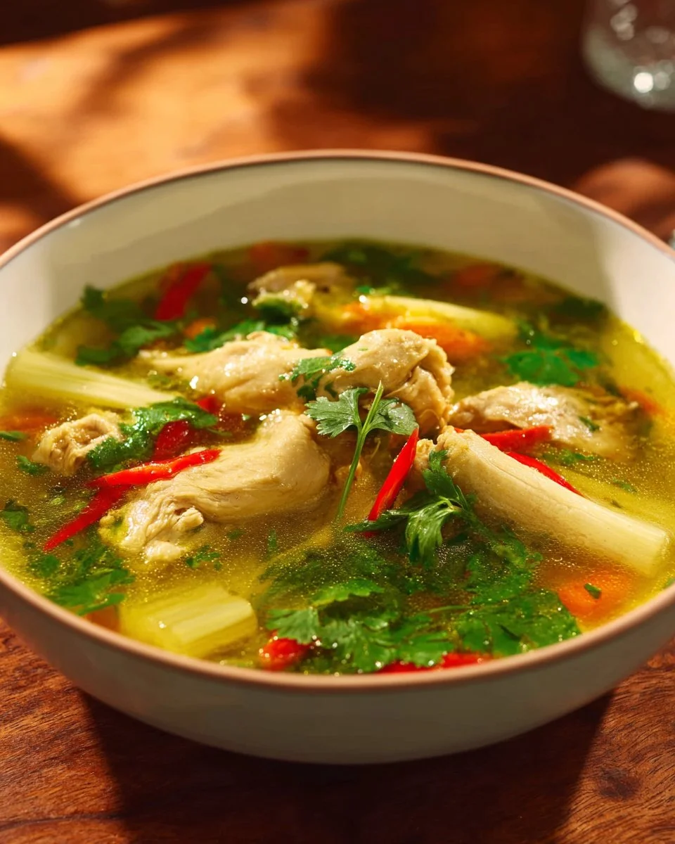 Bowl of Thai turmeric chicken soup garnished with fresh herbs and spices
