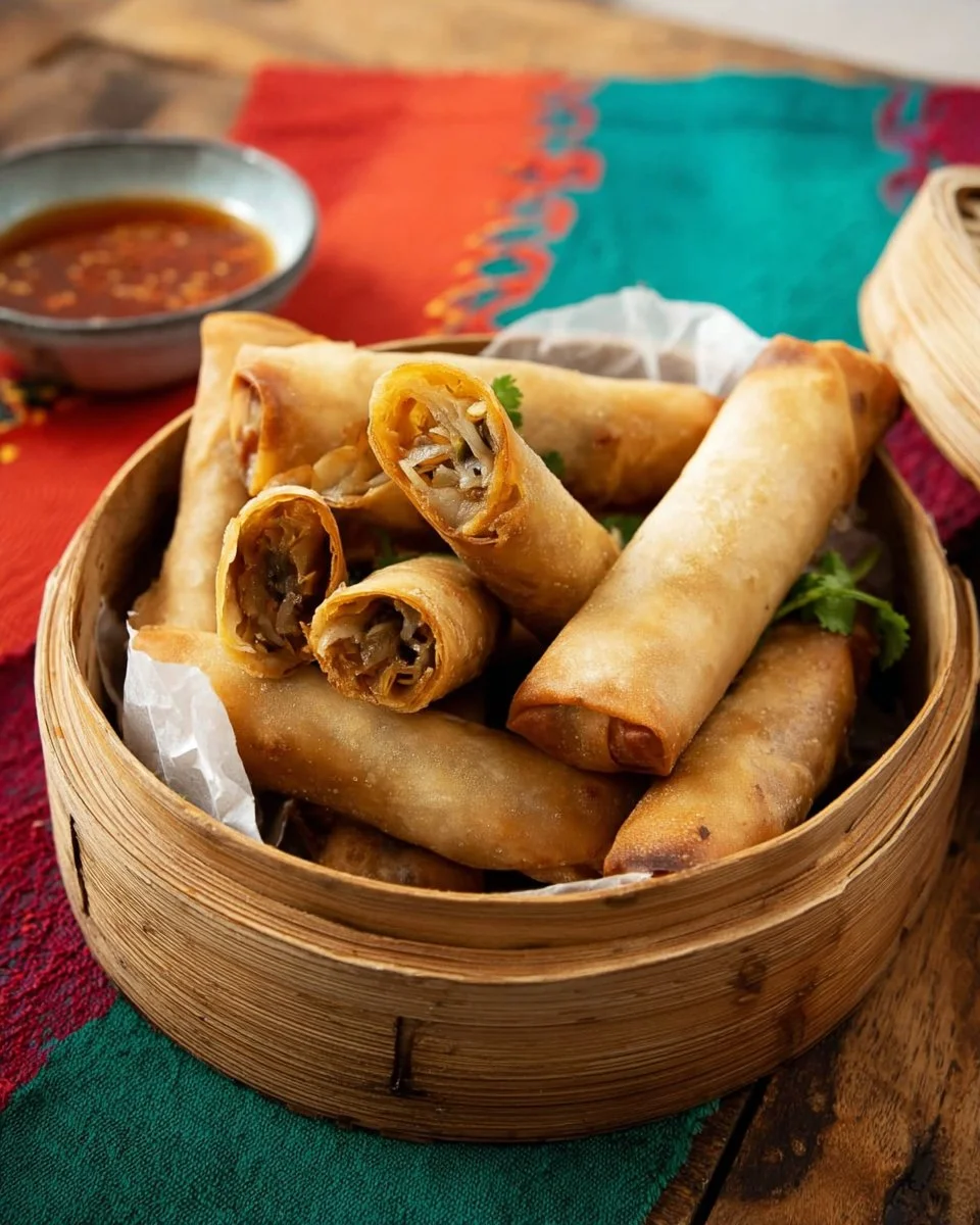 Plate of ultimate crispy veggie spring rolls served with dipping sauce.