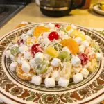 Delicious Ambrosia Salad with fruits and cream in a bowl