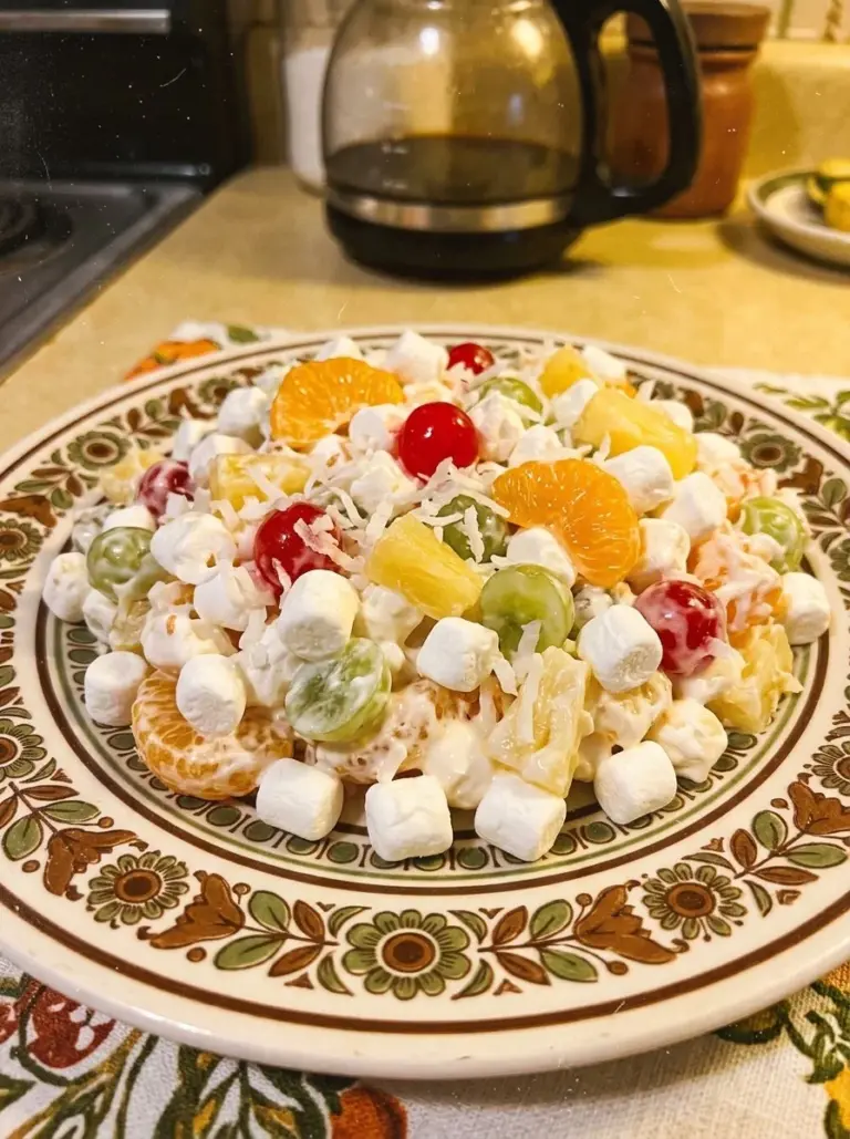 Delicious Ambrosia Salad with fruits and cream in a bowl