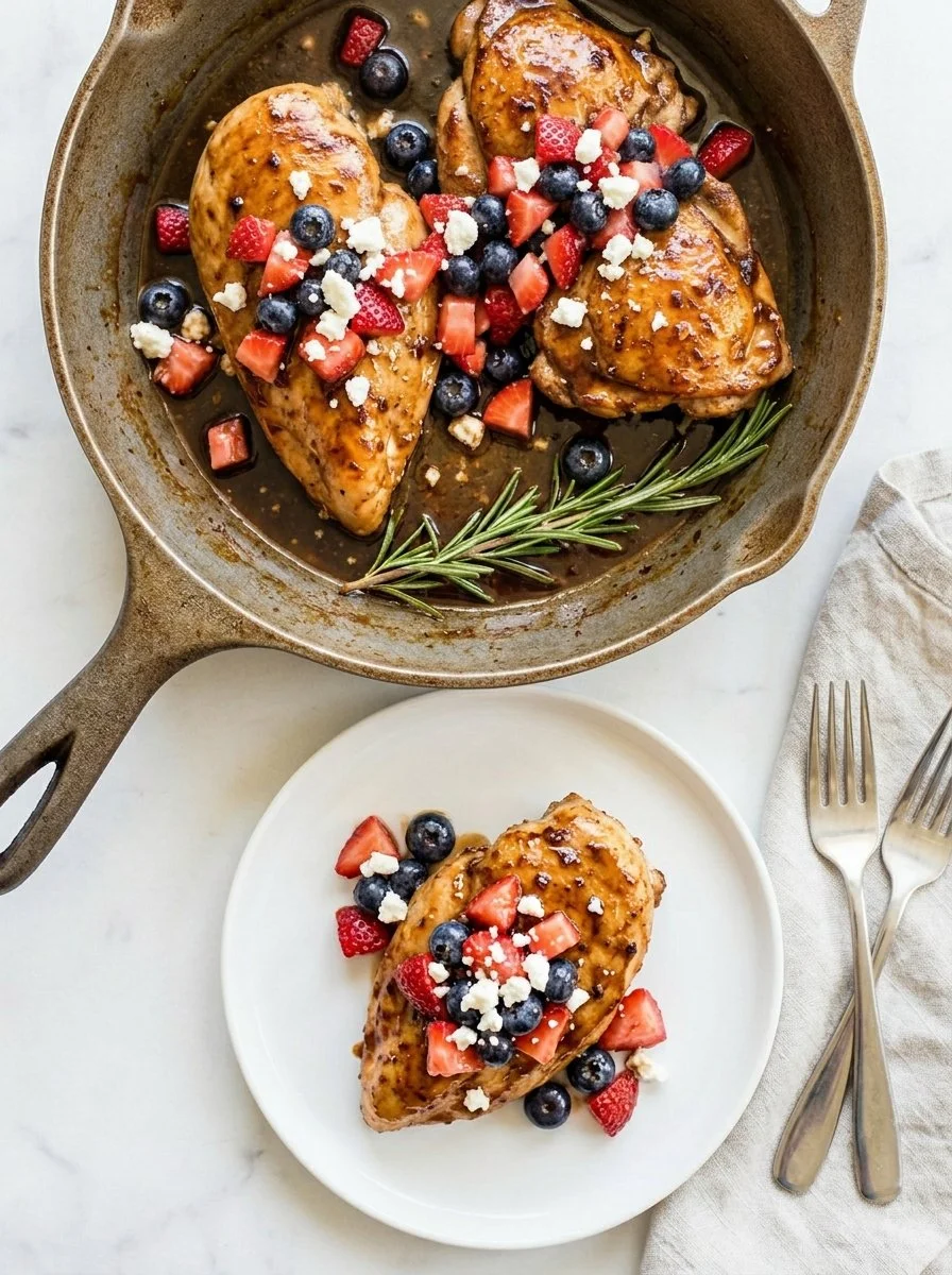 Plate of cooked balsamic chicken garnished with herbs and vegetables