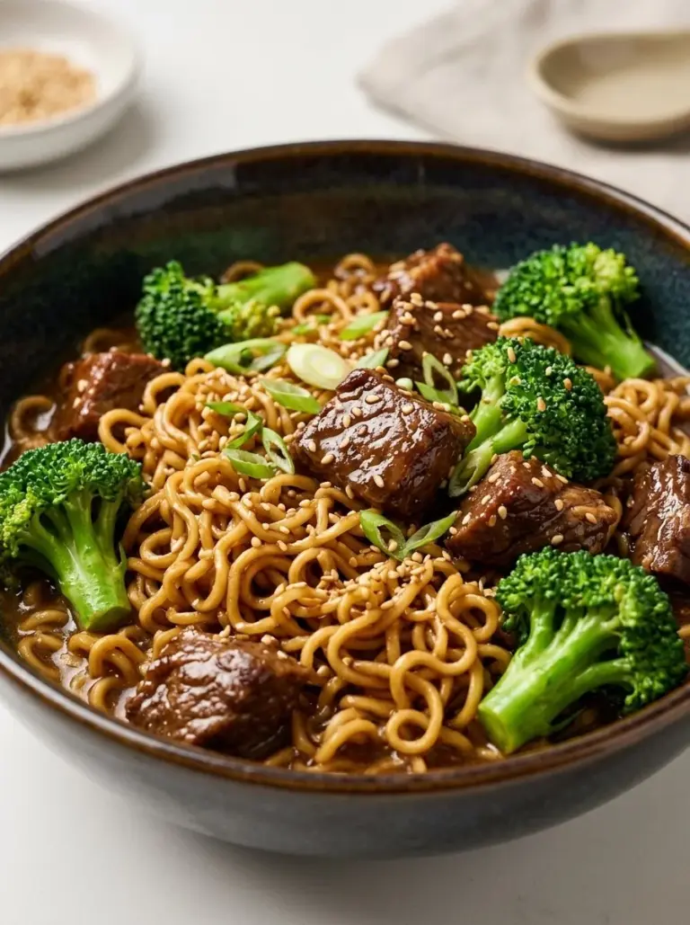 Delicious Beef and Broccoli Ramen bowl with fresh ingredients and garnishes.