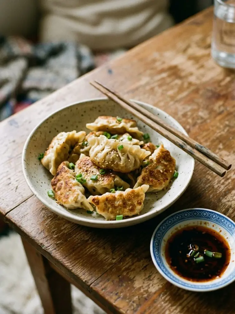 Delicious potstickers served with a flavorful dipping sauce