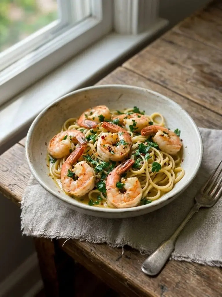 Delicious plate of shrimp scampi garnished with parsley and lemon slices.