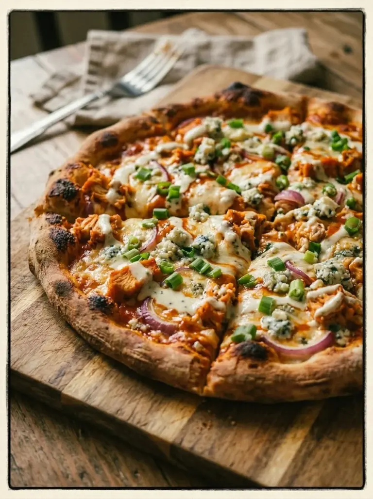Delicious Buffalo Chicken Pizza with spicy sauce and melted cheese