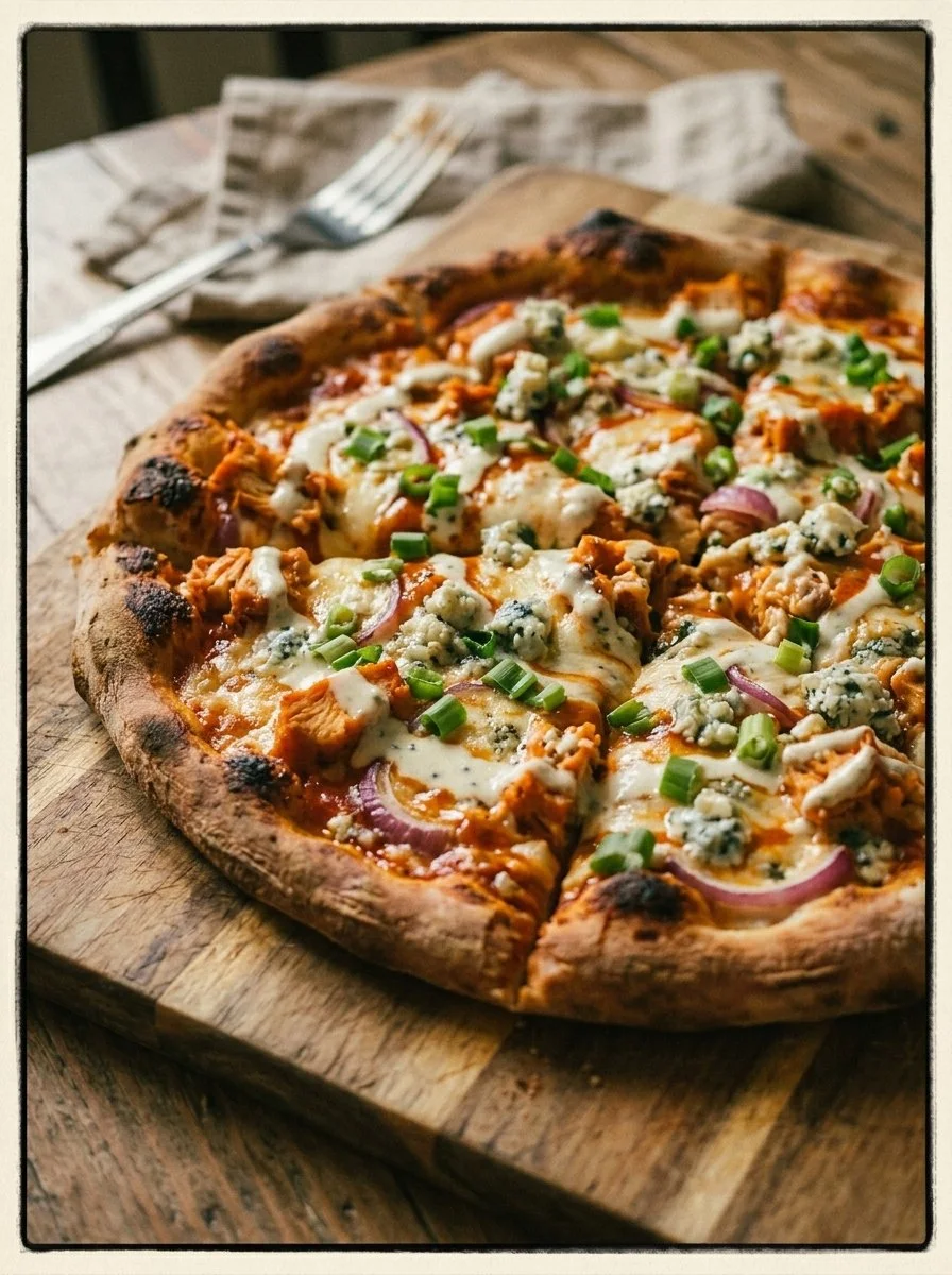 Delicious Buffalo Chicken Pizza with spicy sauce and melted cheese