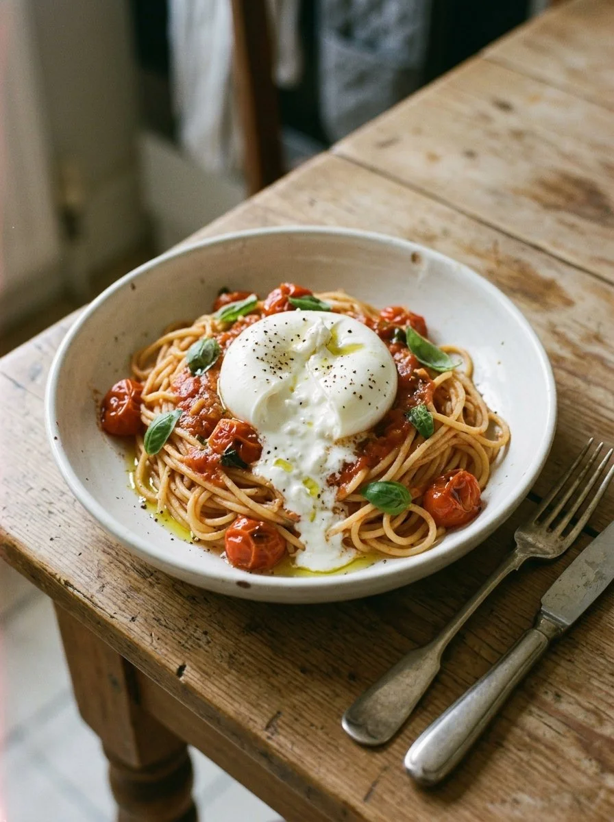 Delicious bowl of Burrata Pasta topped with fresh herbs and cherry tomatoes