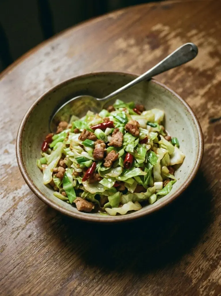 Colorful and healthy Cabbage Stir Fry with vegetables in a pan.