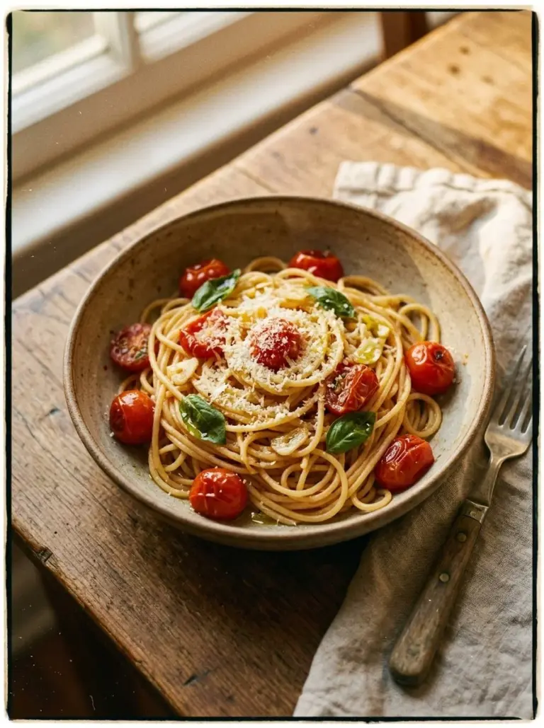 Bowl of cherry tomato pasta garnished with fresh basil and parmesan cheese