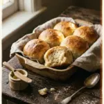 A basket of freshly baked dinner rolls, soft and golden brown, ready to be served.