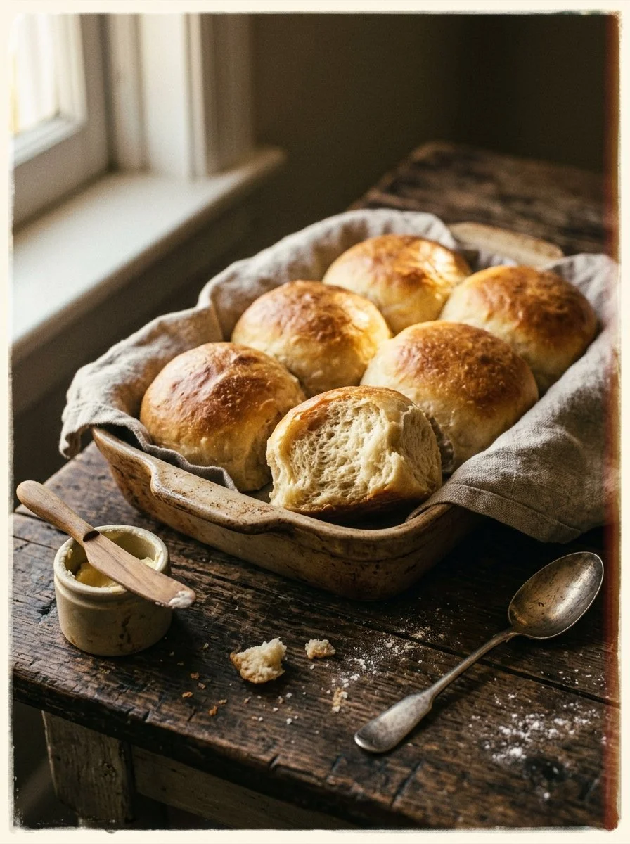 A basket of freshly baked dinner rolls, soft and golden brown, ready to be served.