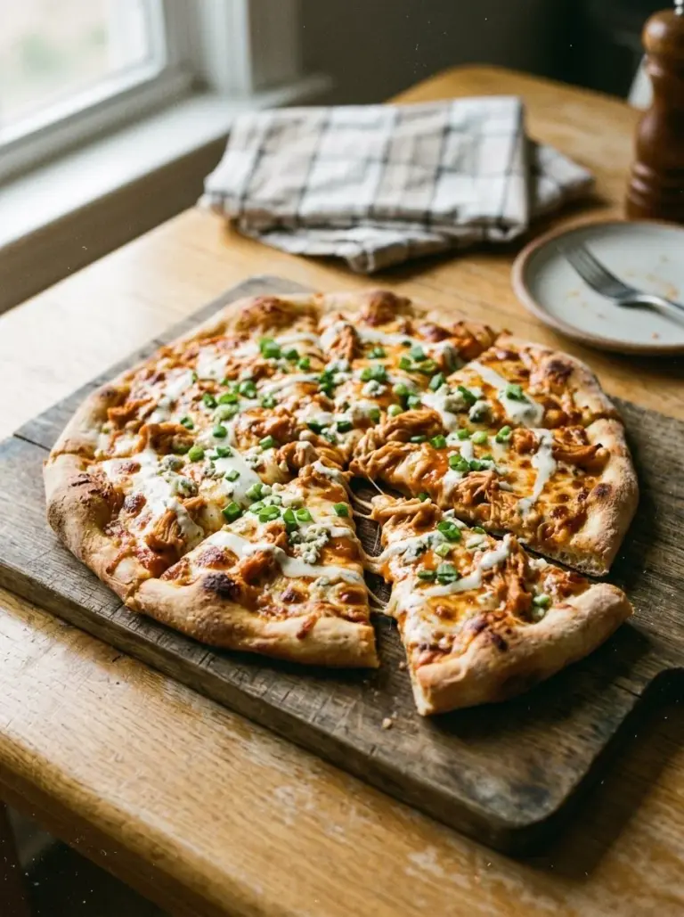 Delicious homemade easy Buffalo Chicken Pizza topped with cheese and spicy sauce
