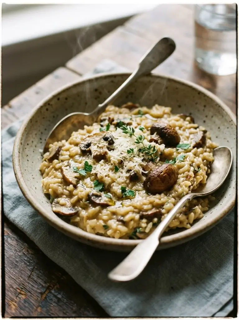 Creamy bowl of easy mushroom risotto with fresh herbs and Parmesan cheese