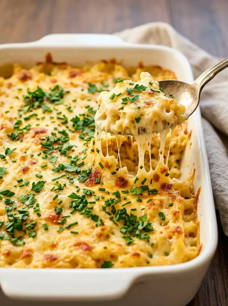 Delicious easy pasta bake casserole with cheese and vegetables