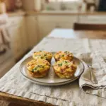 A plate of homemade egg muffins, garnished with vegetables and cheese.