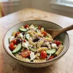 Colorful Greek Pasta Salad with olives, feta cheese, and cherry tomatoes.